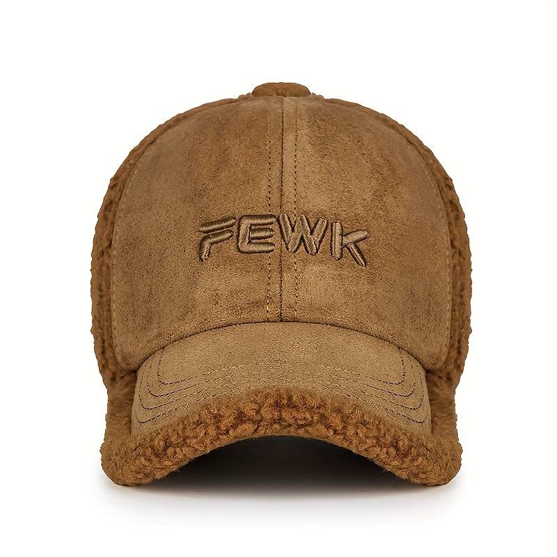1pc FEWK Embroidered Fleece Baseball Cap Warm Cozy Brown Trucker Hat with Faux Leather Patc