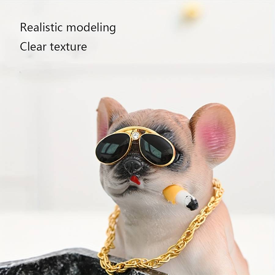 1pc Art Deco Resin Dog Ashtray with Glasses and Golden Chain Creative Decorative Pet Cart Design