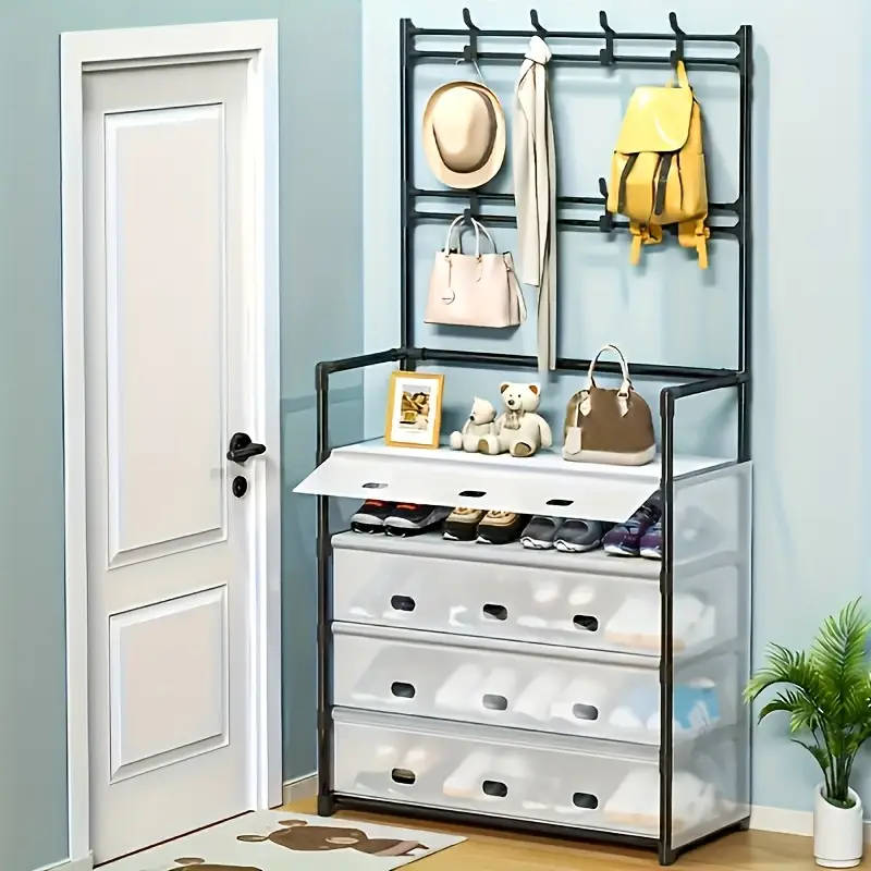 5-Tier Metal Shoe & Hat Rack with Coat Hooks - Durable, Dustproof Entryway Storage Organizer, Easy A