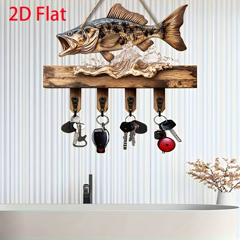 1 2D Jumping Fish Hook Decorative Rack Simple Colorful Wooden Home Key Hanger with Four Metal Hooks