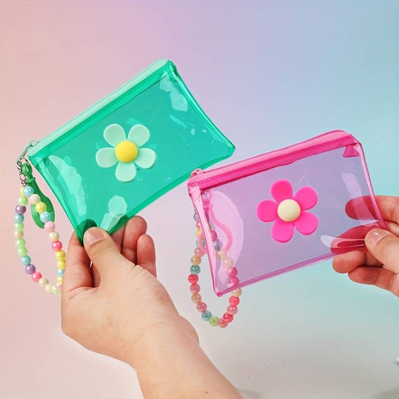 1pc Trendy Transparent PVC Coin Purse with Beaded Chain Compact Key Card Holder Zip Closure E