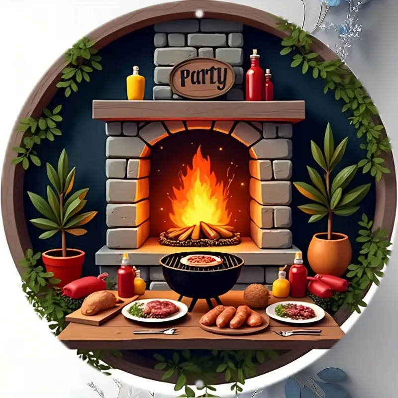 1pc 20.32x20.32cm Round Aluminum Sign Rustic BBQ Party Scene Wall Decor with Stone Fireplace Grill a