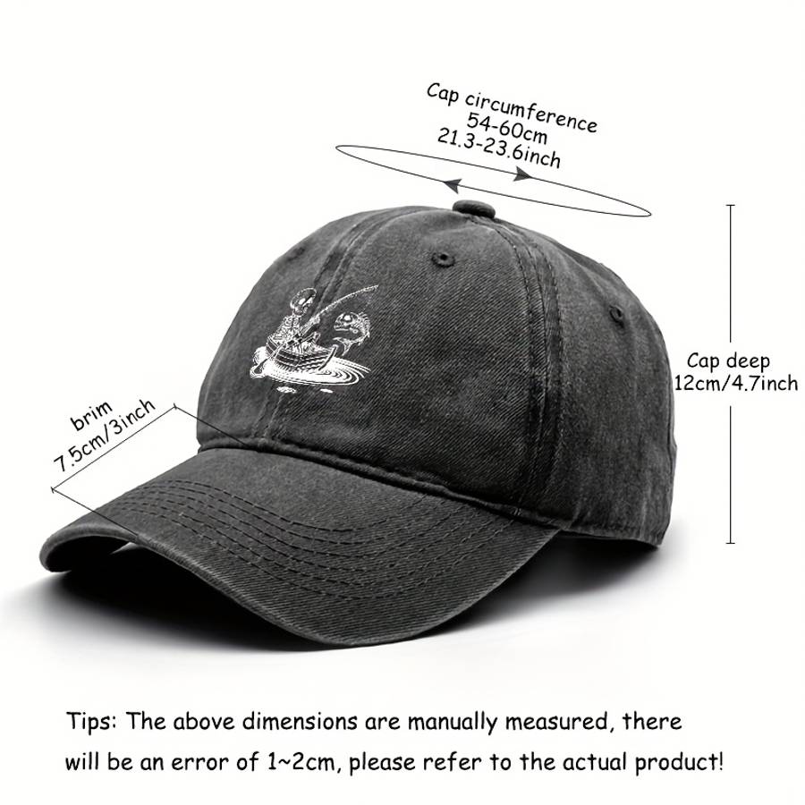 Stylish Unisex Skeleton Fishing Print Baseball Cap Adjustable Snapback Lightweight Cotton D
