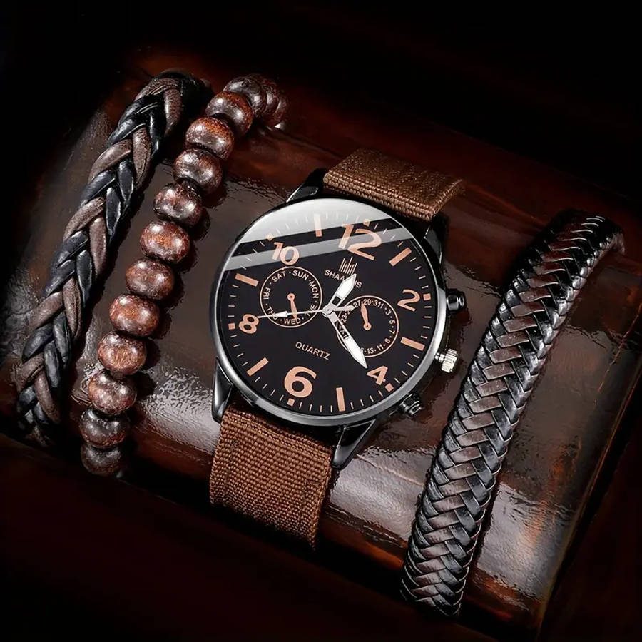 Stylish Men's Quartz Watch & Bracelet Set - 4pcs