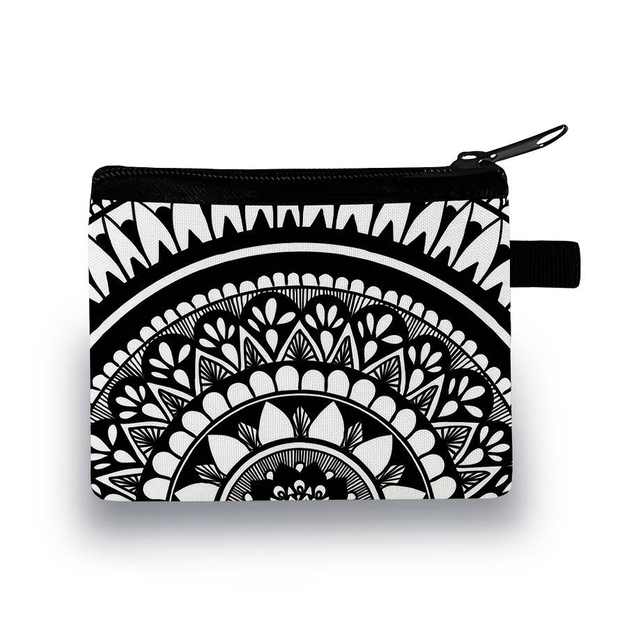 1pc Stylish Mandala Print Zipper Pouch Lightweight Durable Polyester Coin Purse with Vibrant Flor