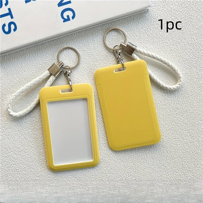 1pc Fashionable Macaron Solid Color Plastic Commuter Card Case with Keychain Hand Washable Non-D