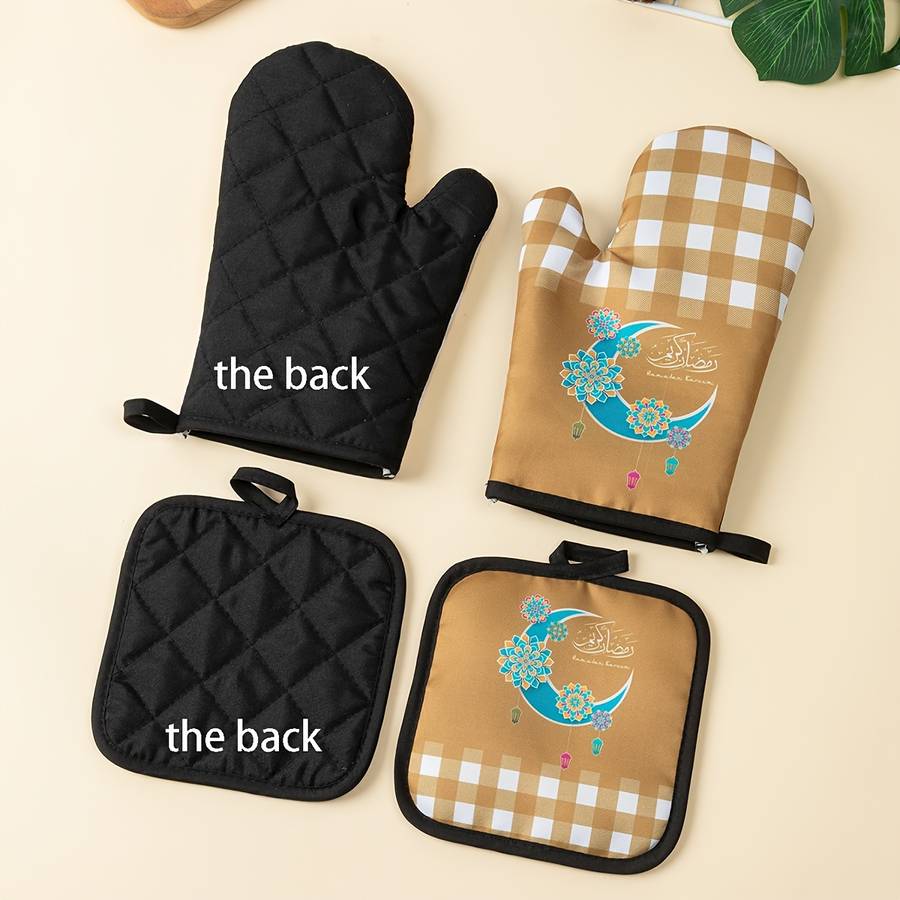 2pcs Ramadan Themed Oven Mitts Set Polyester 100% Heat Resistant Kitchen Baking Gloves and Pot