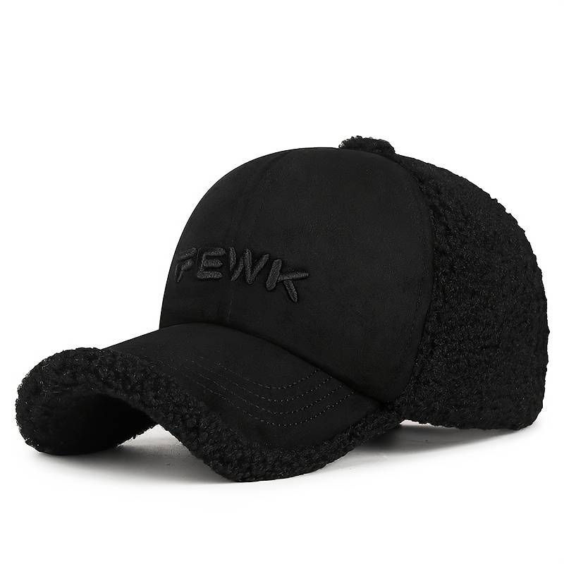 1pc FEWK Embroidered Fleece Baseball Cap Warm Cozy Brown Trucker Hat with Faux Leather Patc