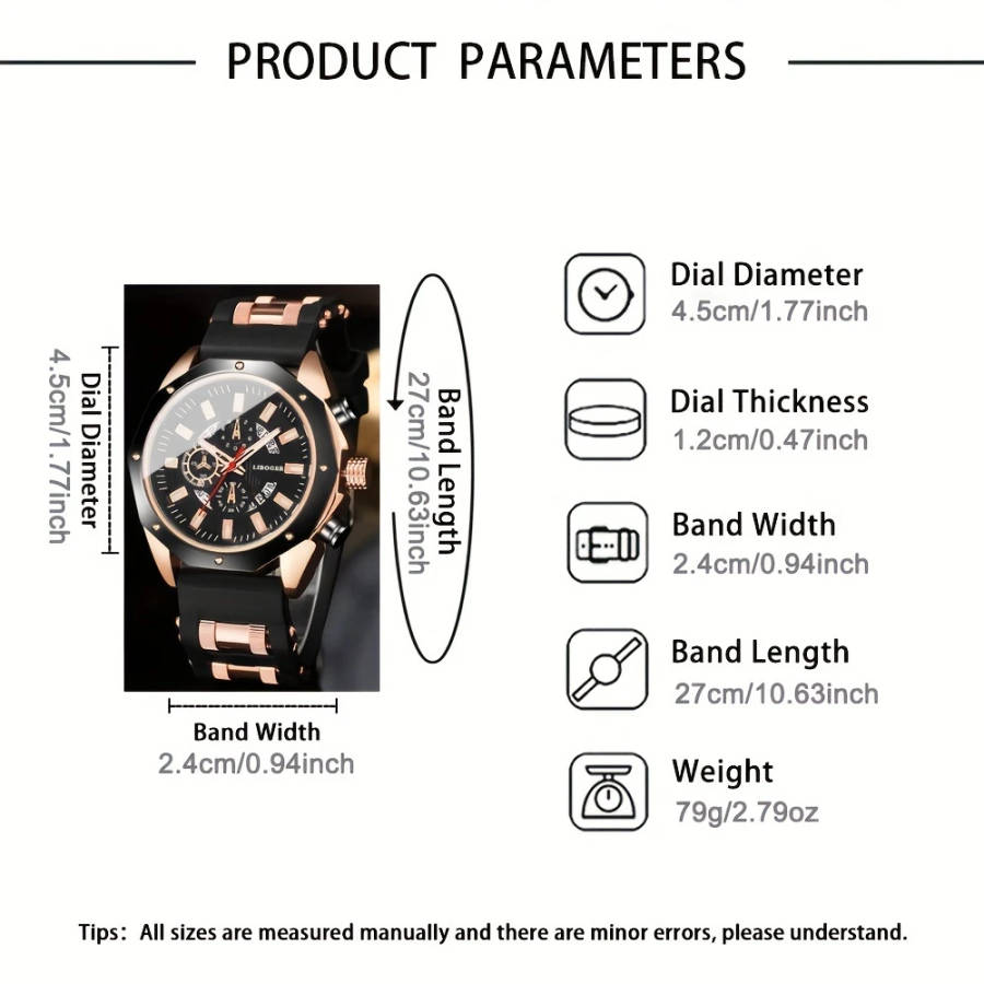 1pc Men's Stylish Quartz Watch with Calendar Black Rose Golden Silicone Strap Zinc Alloy Case Round