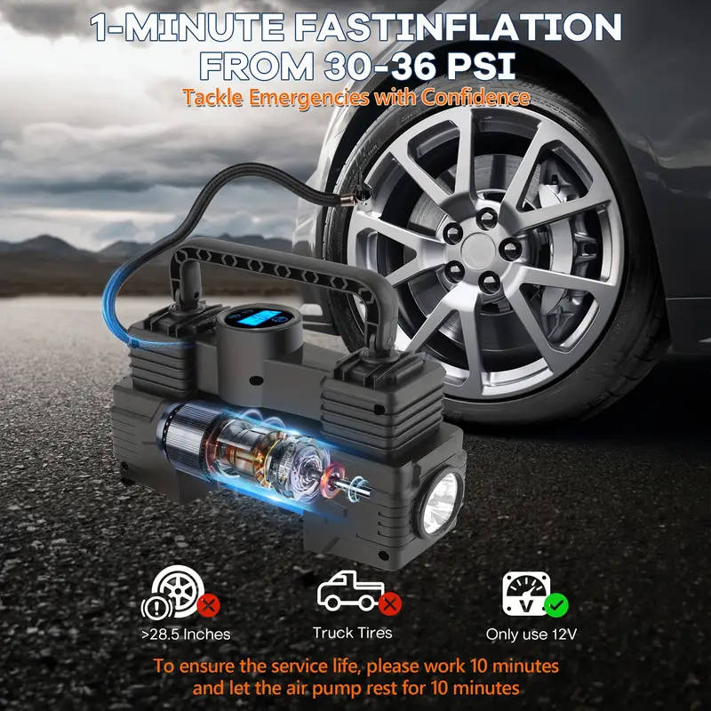 1pc 12V Portable Tire Inflator 150PSI Air Compressor with Digital Pressure Gauge Magnetic Material C