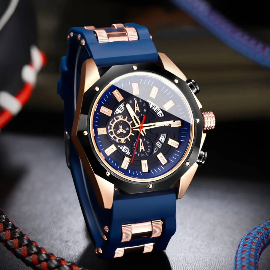1pc Men's Stylish Quartz Watch with Calendar Black Rose Golden Silicone Strap Zinc Alloy Case Round