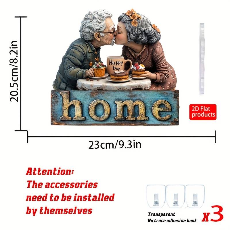 Bohemian Style 2D Acrylic Key Hooks for WallCharming Elderly Couple Design with "HOME" Sign 23.6
