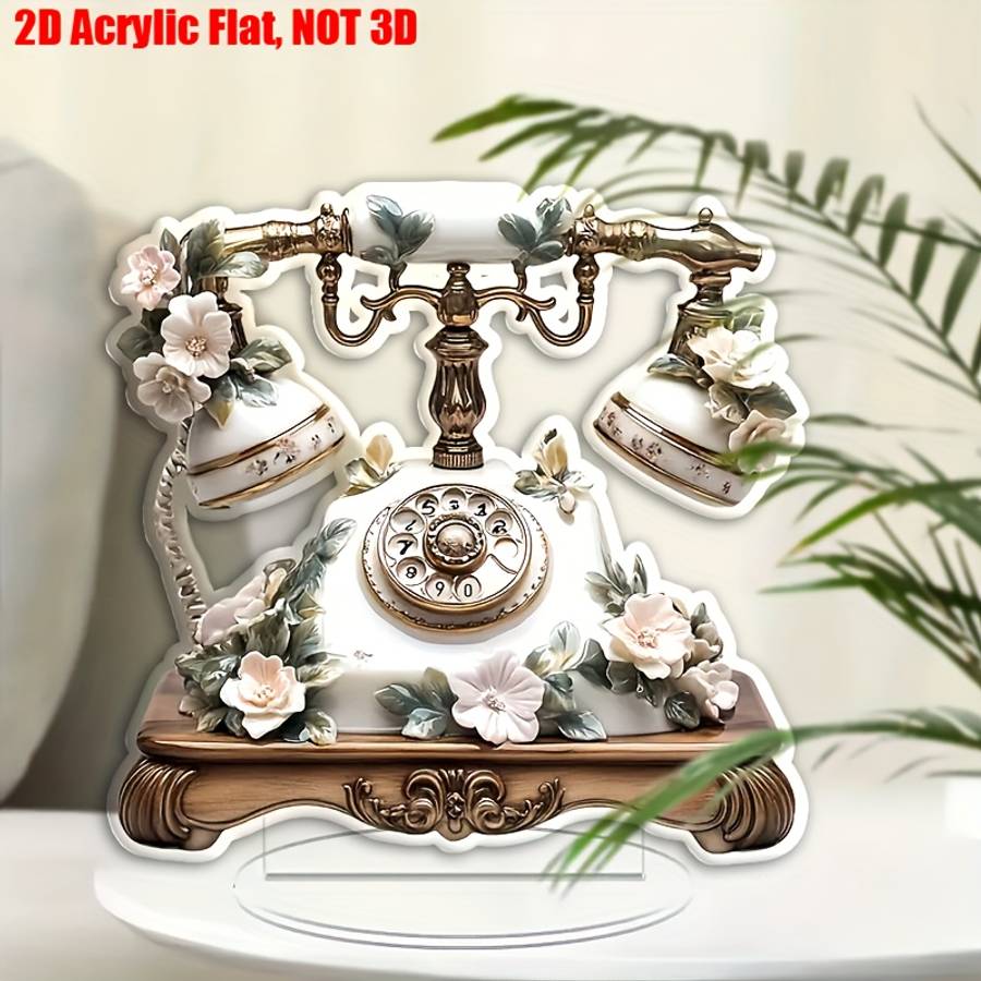 Bohemian Style 2D Flat Acrylic Wall Art Vintage Telephone With Flowers