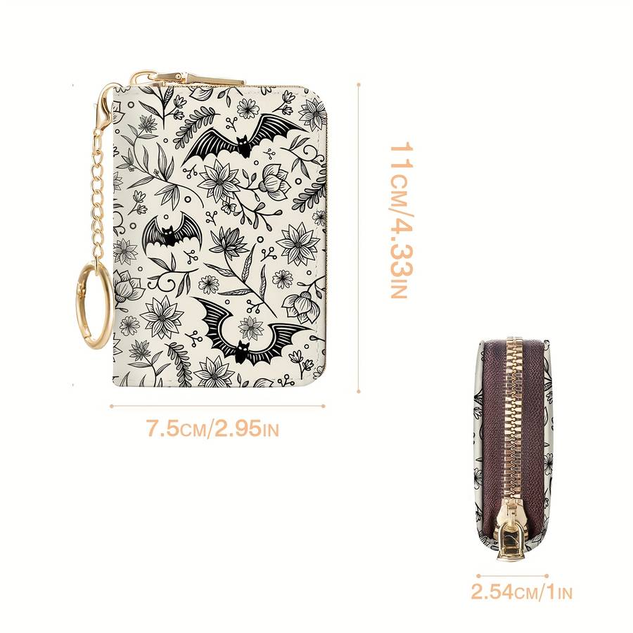 1pc Gothic Bat Zipper Wallet for Women Compact RFID Blocking Card Holder with Keychain Floral