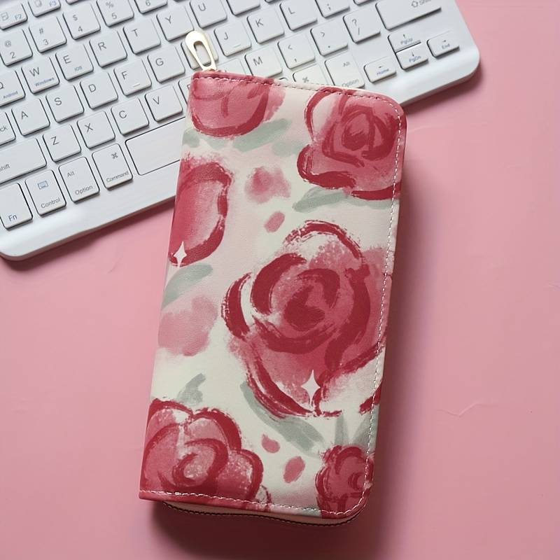 1pc Women'S Floral Print Long Zipper Wallet Large Capacity Synthetic Faux Leather Clutch with Mult