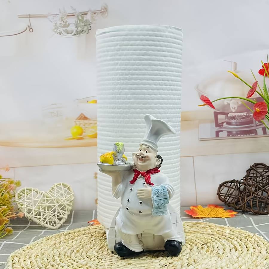 1pc Cartoon Chef Bread-Shaped Paper Towel Holder Resin Kitchen Decor with Red Hat Apron Fu