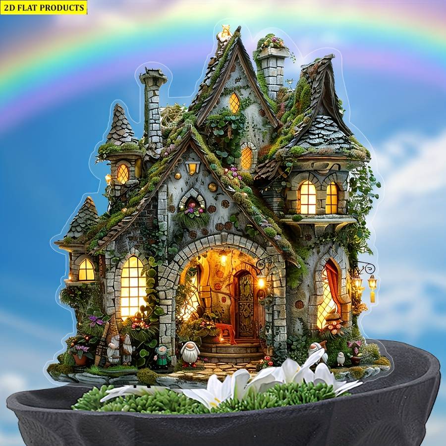 1pc 2D Flat   Enchanted Fairy Tale Cottage Garden Planter Rustic  Acrylic Outdoor Deco