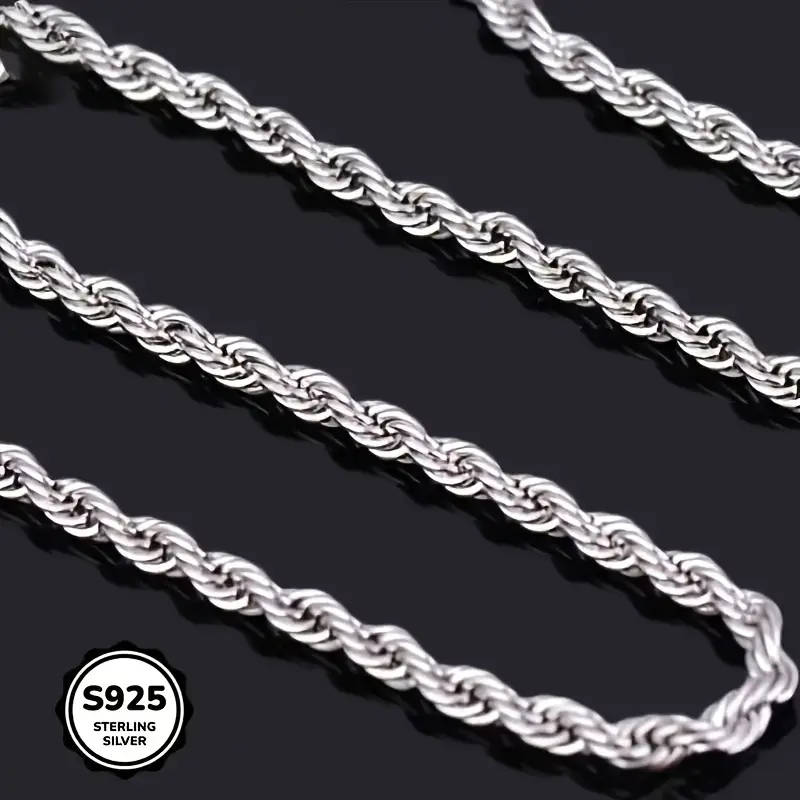 925 Sterling Silver Twisted Rope Necklace, Simple Hip-Hop Style, Shiny Basic Chain