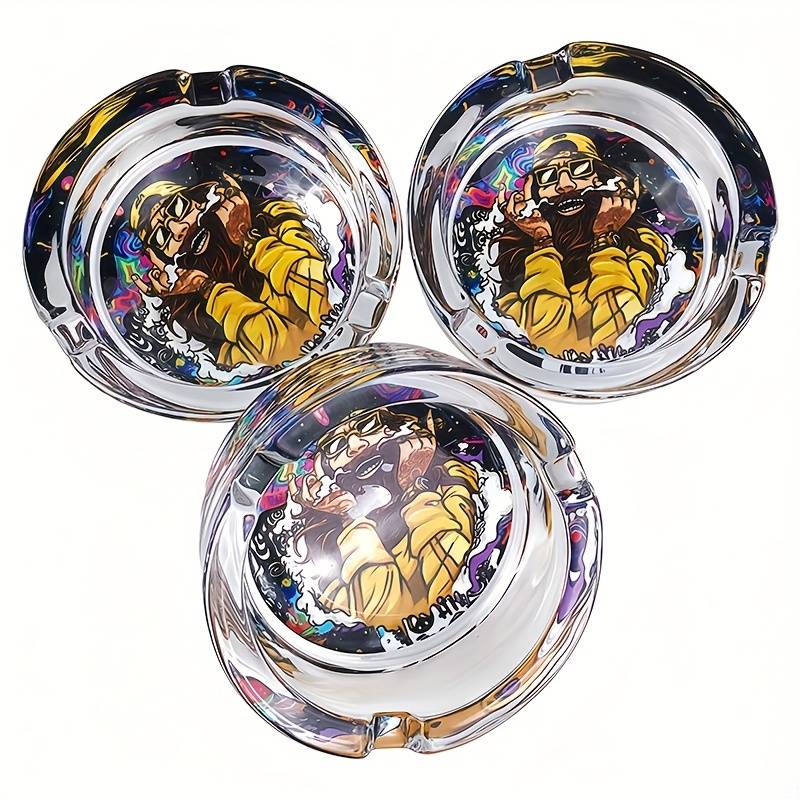 1pc 85mm Round Glass Ashtray with Vibrant Psychedelic Art Design Durable Transparent Ideal for