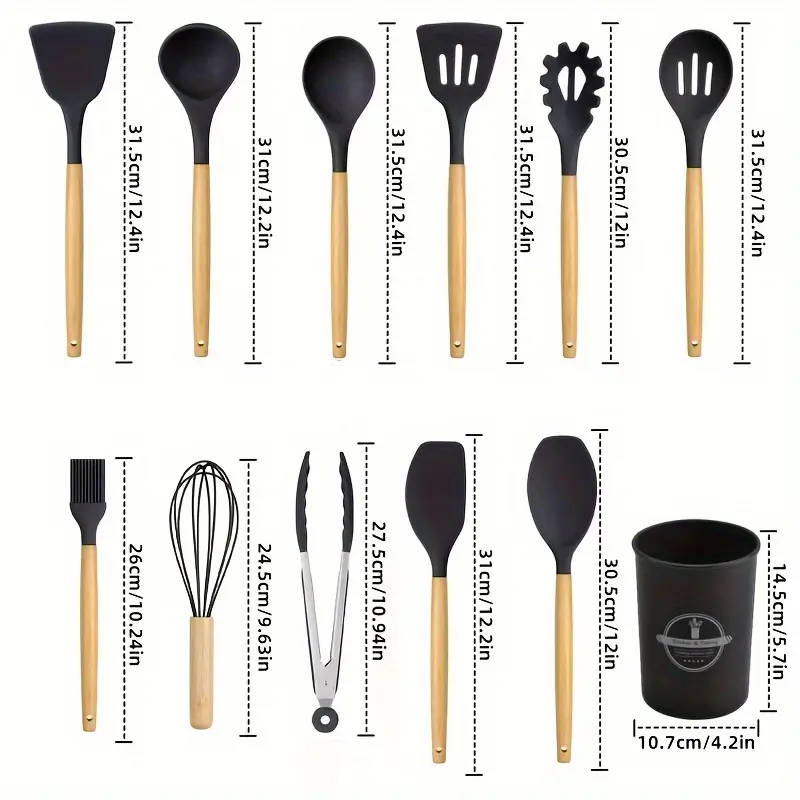 12Piece Silicone Cooking Utensil Set with Wooden Handles and Storage Bucket Non-Stick Kitchen Spatul