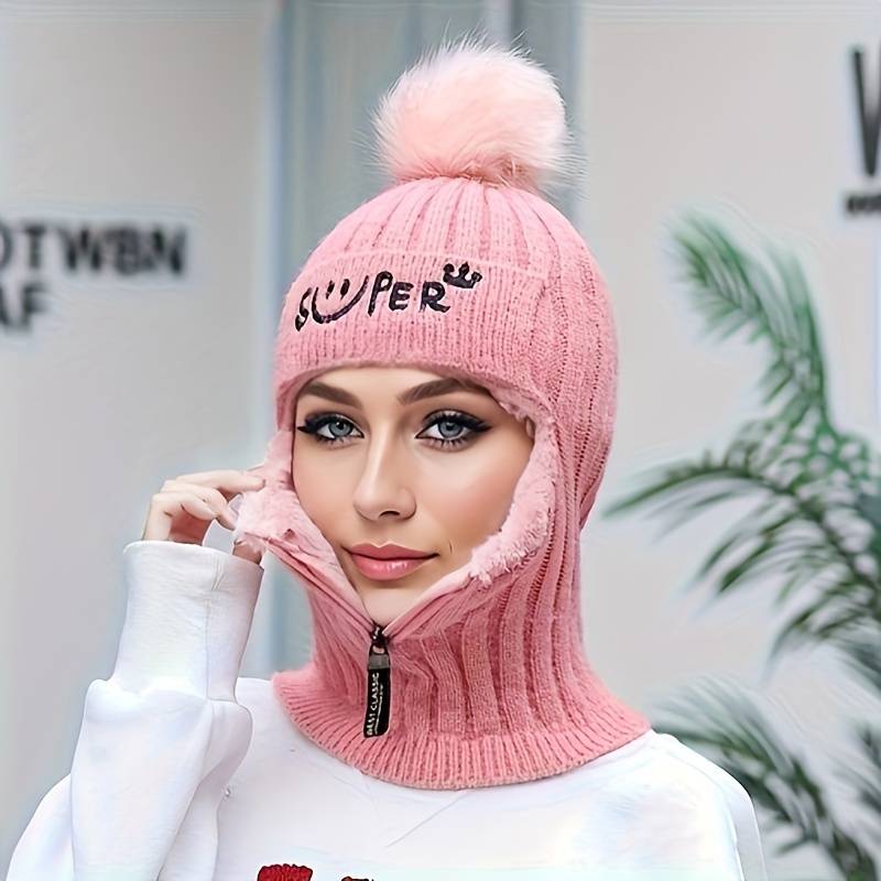 1pc Warm Elastic Knitted Winter Beanie with Pom Pom and Zipper for Women