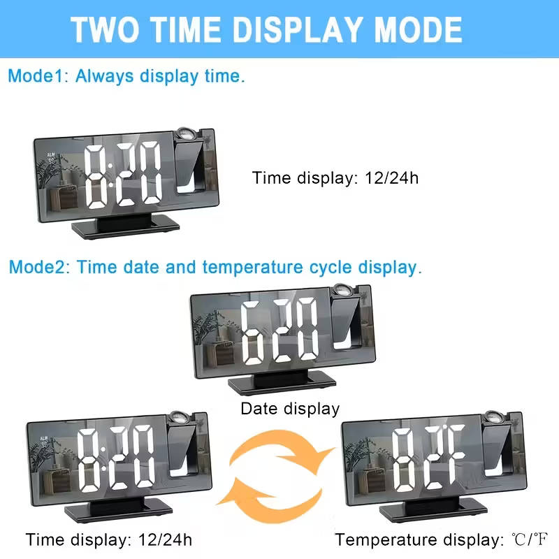 180° Adjustable LED Projection Alarm Clock White