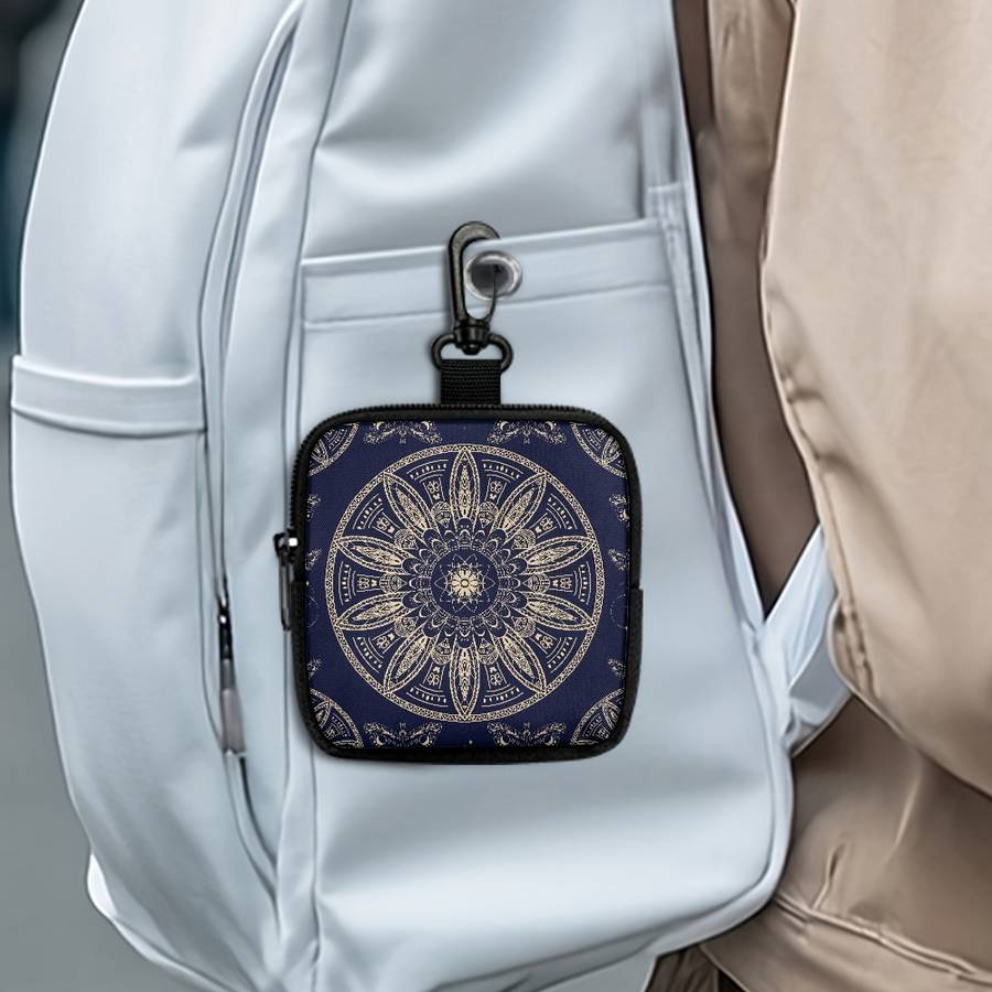 1pc Mandala Flower Coin Purse with Hook Stylish Polyester Earphone Key Organizer Zippered Trav