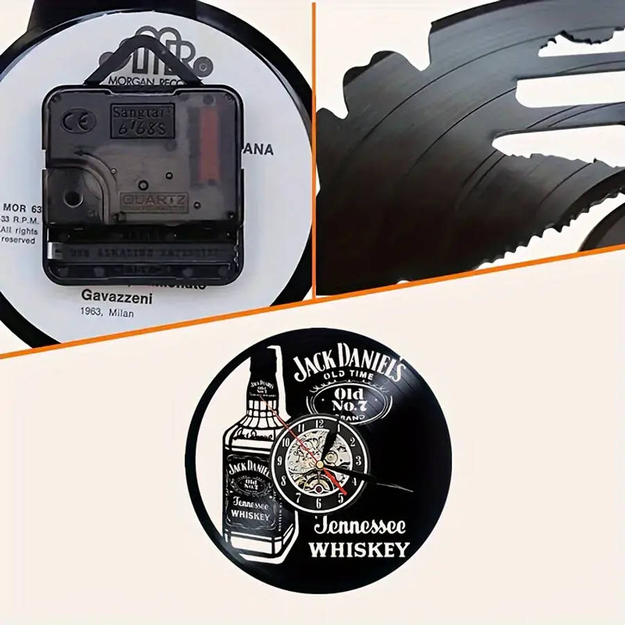 1pc Jack Daniels Vintage Whiskey Themed Silent Wall Clock Round Vinyl Record Design Battery Operated
