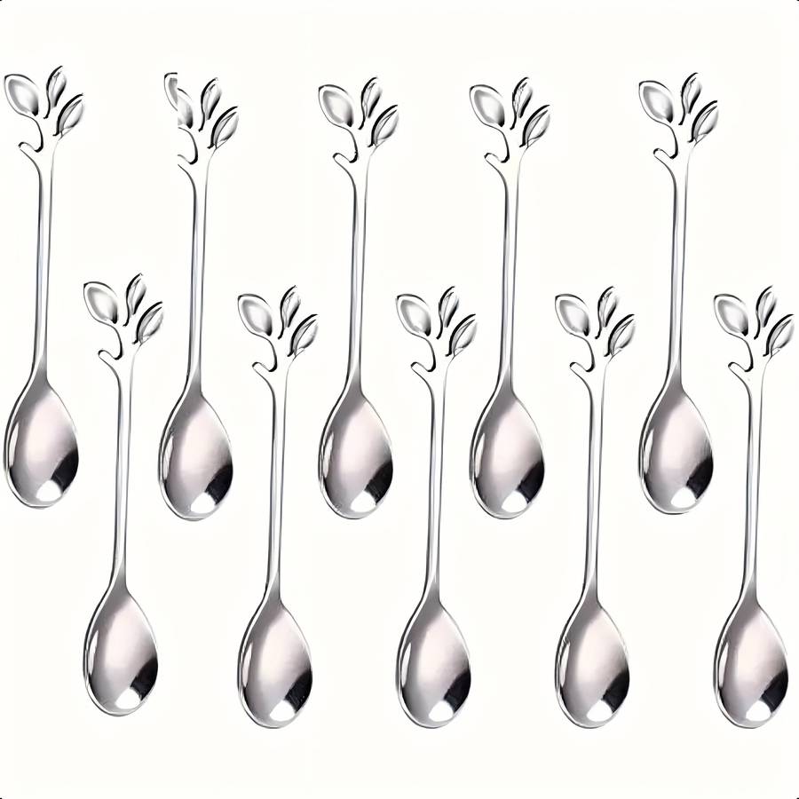 10pcs Stainless Steel Coffee Spoon Elegant Leaf Design Tea Spoon for Desserts Appetizers Ide