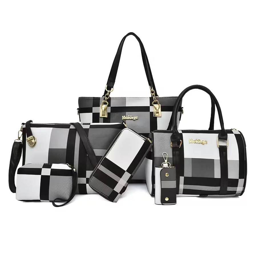 6Pcs Women Plaid Bag Set Tote Crossbody,Clutch Wallets