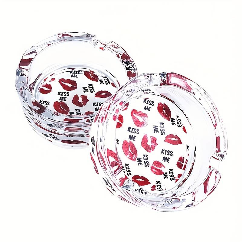 1pc 8.48 cm Round Glass Ashtray with Sexy Red Lips Design C KISS ME Pattern Clear Smoking Access