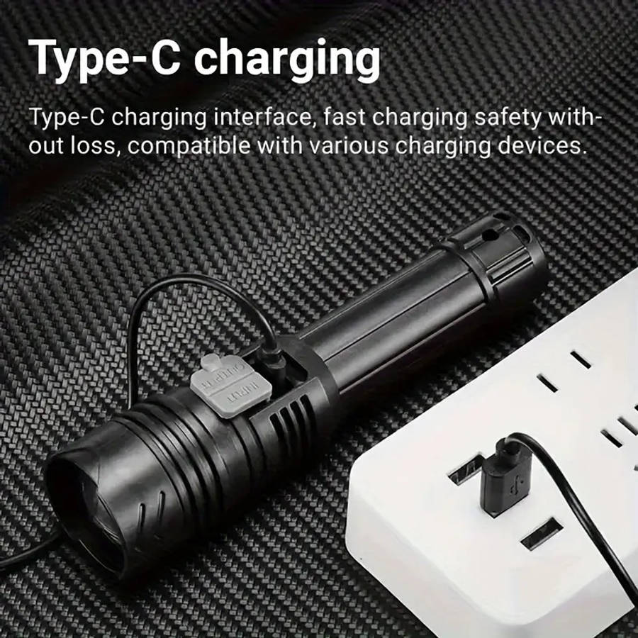 1pc Rechargeable LED Spotlight Flashlight with Digital Display Ultra High Beam Type-C Fast Charging