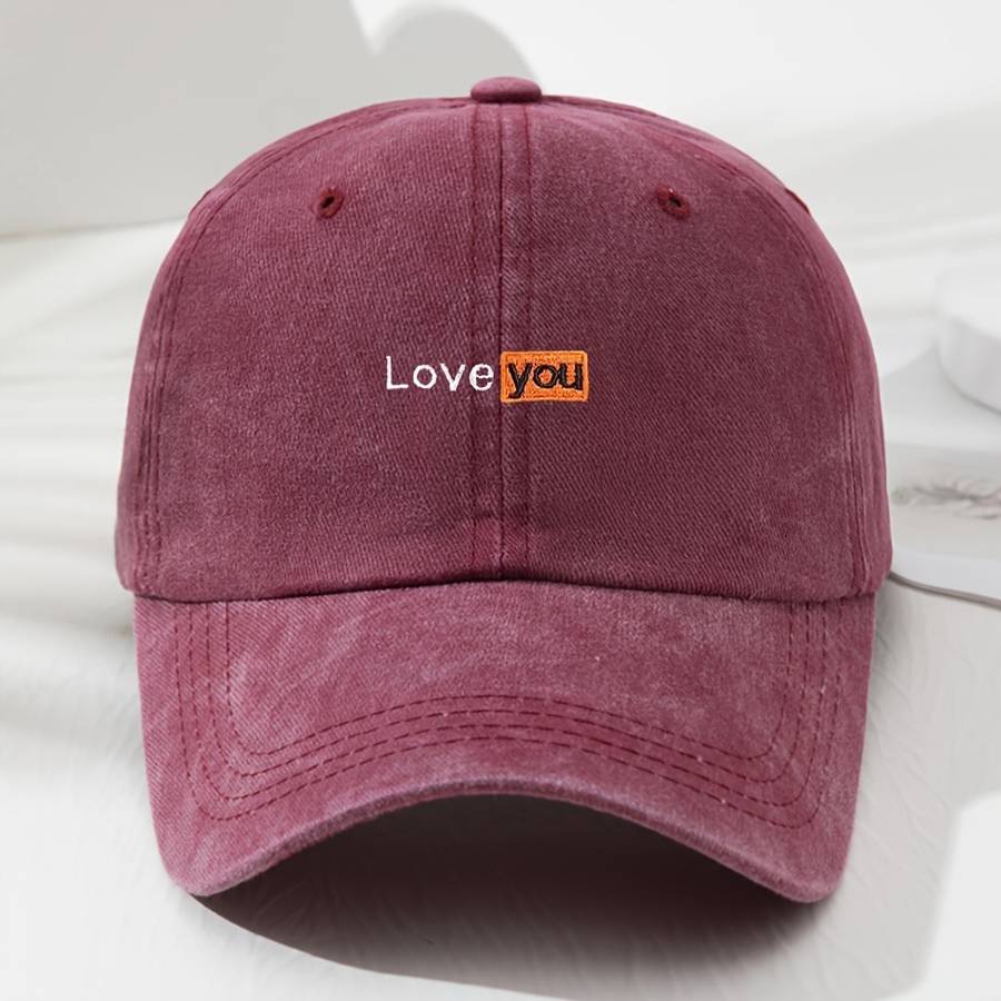 Love You Embroidered Baseball Cap Vintage Gray Adjustable Fit Sun Protection Polyester