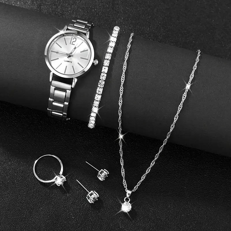 Elegant 6-Piece Women's Quartz Watch And Rhinestone Jewelry Set