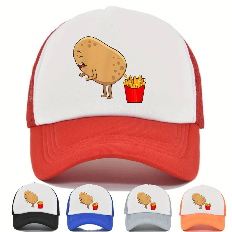 1pc Funky French Fries Cartoon Print Snapback Hat Breathable Polyester Mesh Trucker Cap with Colo