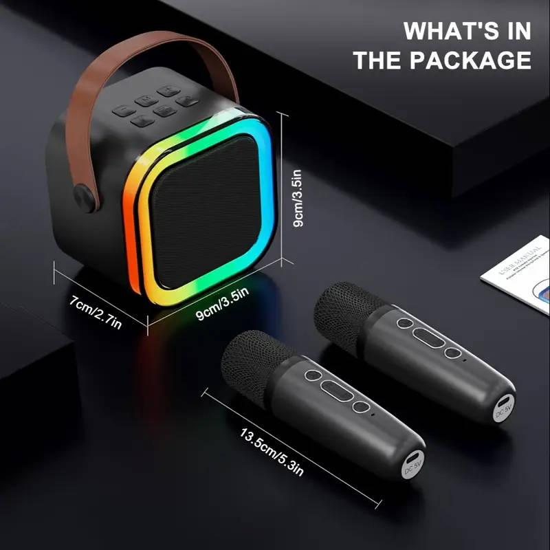 Mini Karaoke Machine for Youngsters Wireless Speaker with 2 Wireless Microphone and LED Lights