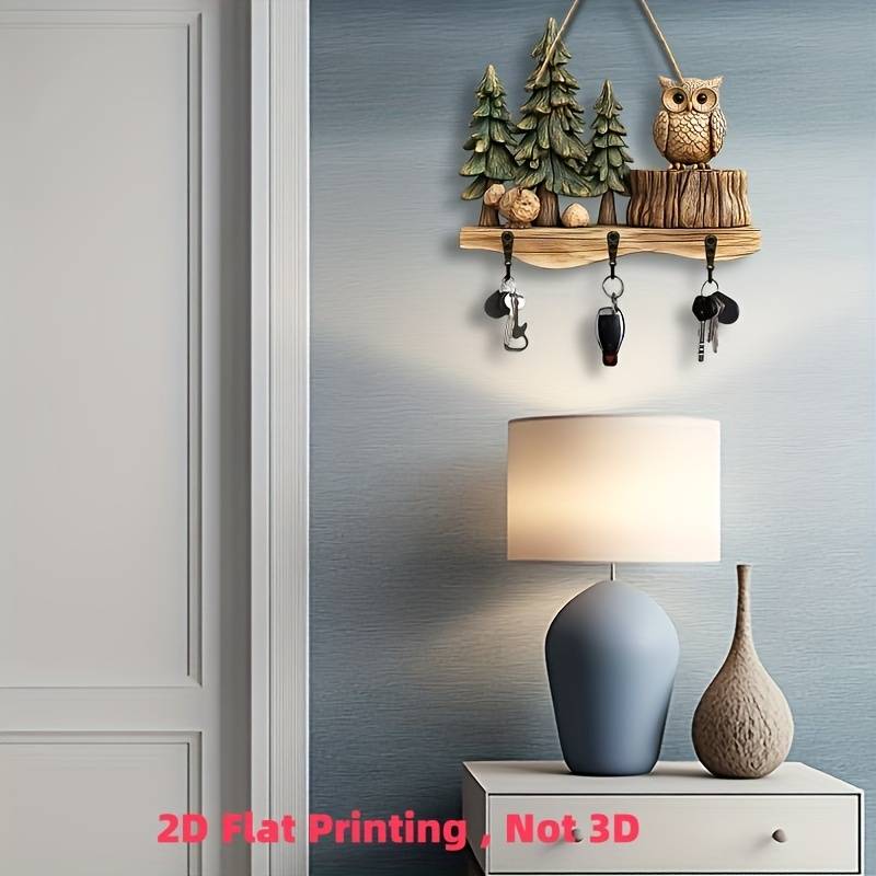 Charming 2D Crow and Forest Colorful Wooden Key Holder30.0cm x 24.99cm with 4 Metal Hooks Perfec