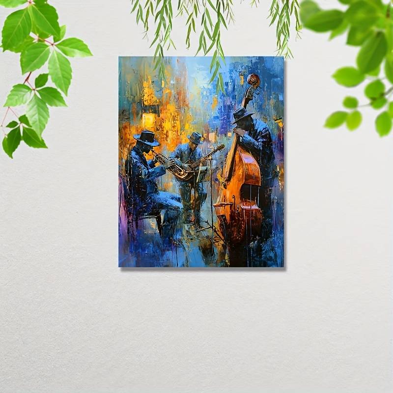 1pc Vibrant Jazz Musicians Canvas Art 30.48x40.64 cm Framed Wall Decor with Wooden Frame Blue