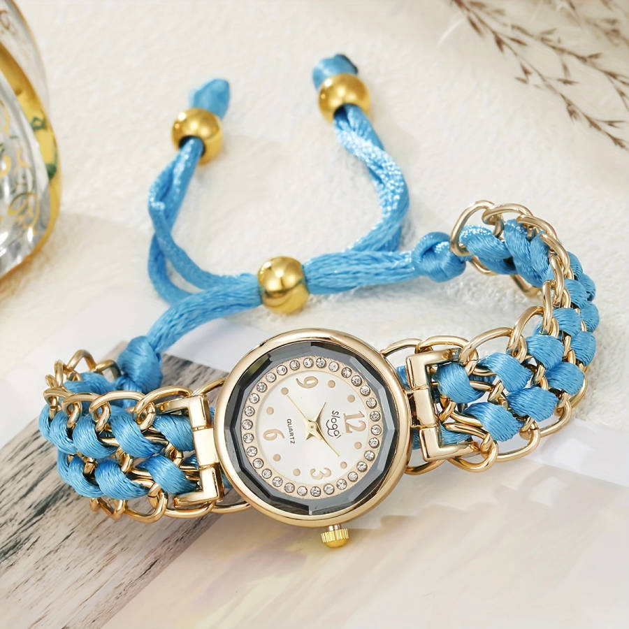 1pc Rhinestone-Inlaid Dial Adjustable Braided Cord Durable Quartz Movement Ladies' Wristwatch Fashio