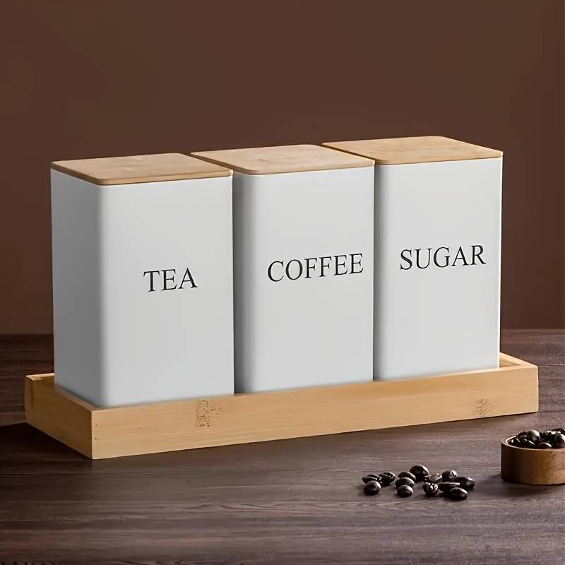 LDQ Set of 3 Iron Kitchen Canisters with Wooden Lids Washable Uncharged Engraved Label Stor
