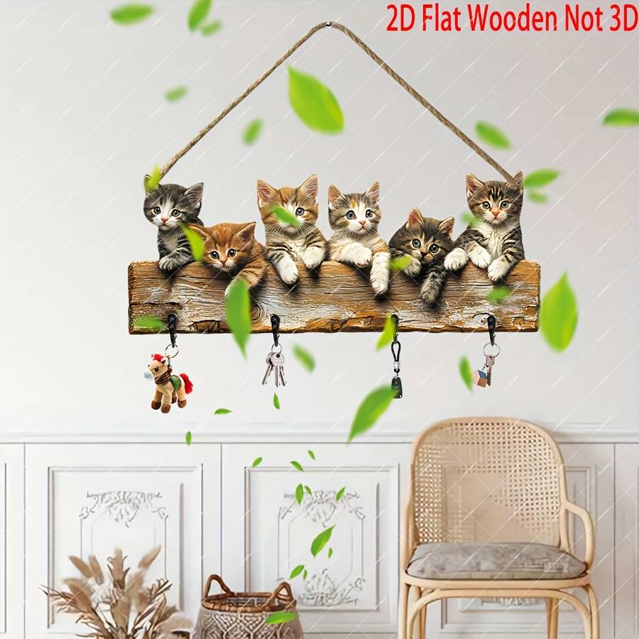 2D Flat Charming 2D Flat Wooden Key Hanger with Adorable Kitten Design"Together We Create Happi
