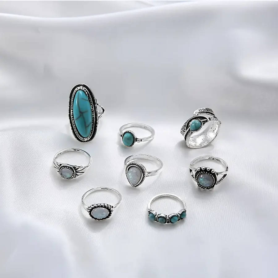 8pcs Vintage Boho Turquoise Mosaic Alloy Ring Set
