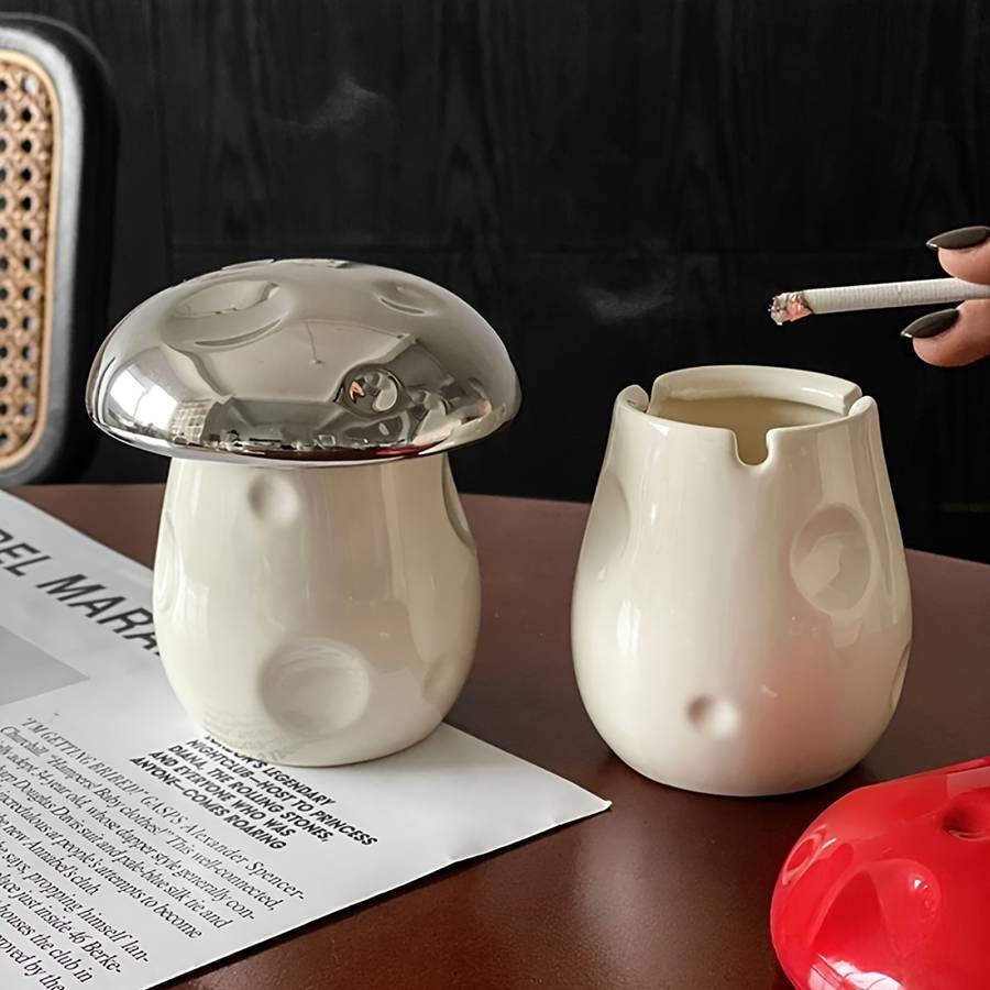 1pc Handmade Ceramic Mushroom Ashtray with Lid C Windproof Design for Indoor Outdoor Use Cut