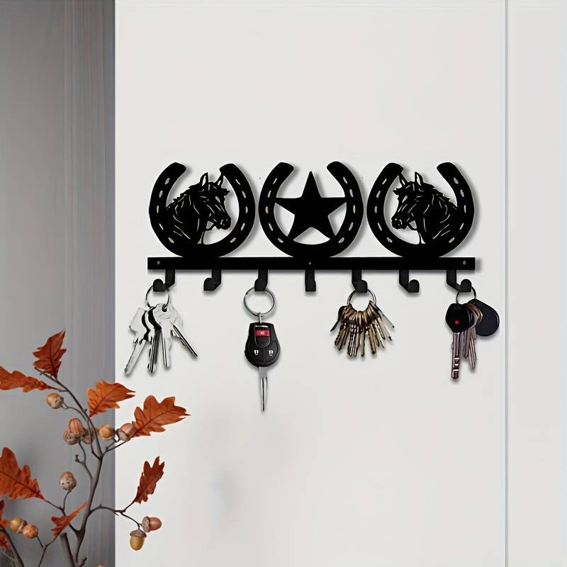 1pc Western Horse and Horseshoe Over-the-Door Key RackMetal Key Holder with Hooks for J