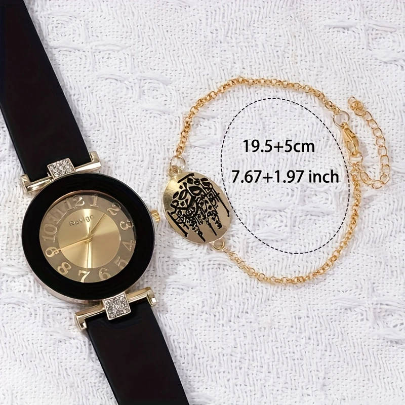 2pcs Elegant Women'S Quartz Watch Bracelet Set Black Golden Middle Eastern Calligraphy Design Classi