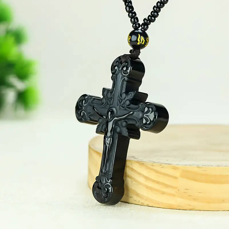 Natural Obsidian Cross Pendant Necklace