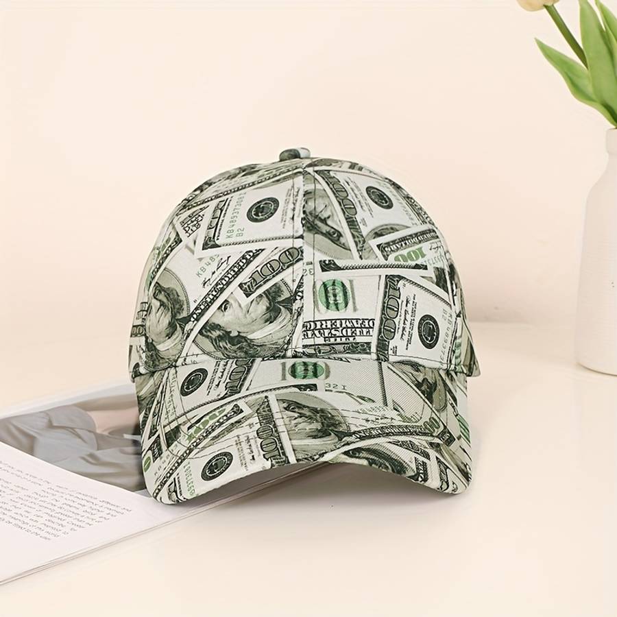 Funky Money Print Baseball Cap 100% Polyester Lightweight Adjustable Hip-Hop Hat Unisex