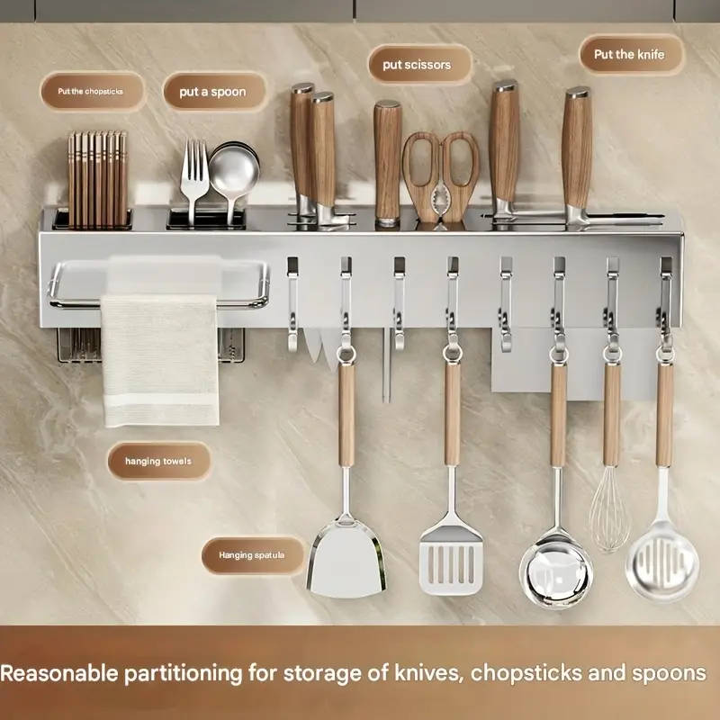 1pc Modern Wall-Mounted Kitchen Rack Carbon Steel Multi-Functional Utensil Holder 40cm