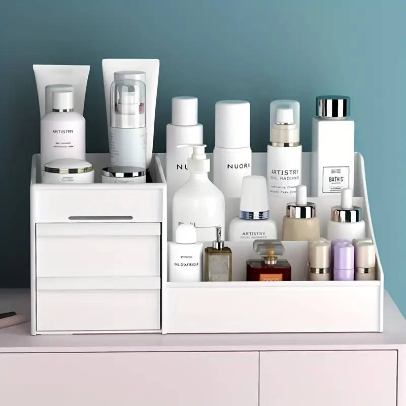 1pc Plastic Cosmetic Organizer with Drawers Lightweight Countertop Makeup Storage Holder for Lipstic
