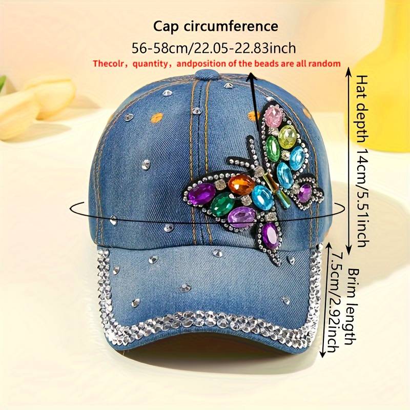 1pc Butterfly Pattern Rhinestone Decor Fashionable Baseball Cap Women's Sunshade Washed Denim Spor